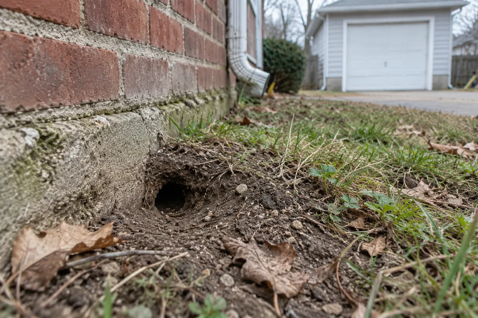 Burrow opening in soil beside a brick foundation and detached garage