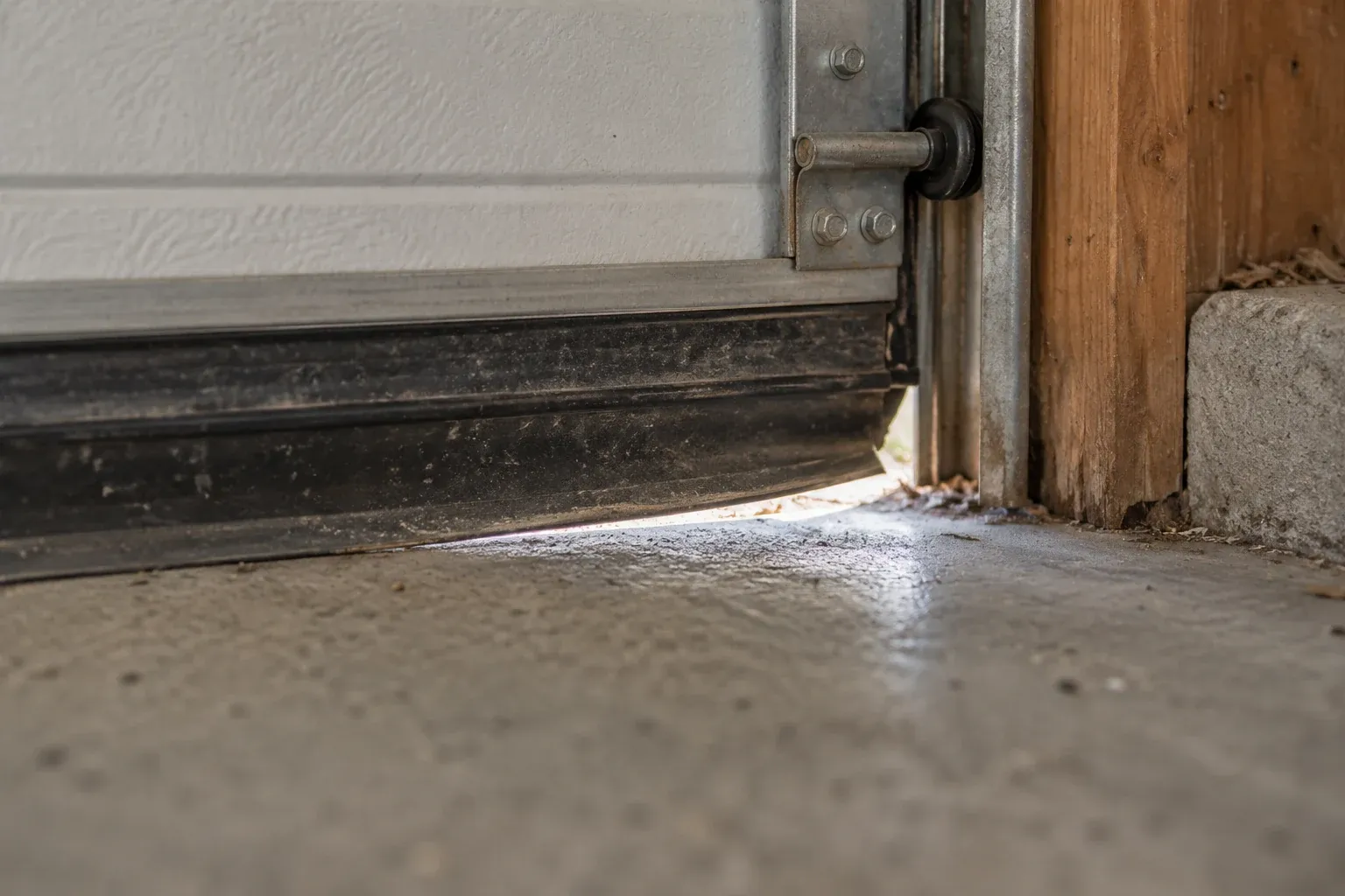 Daylight passing through a worn seal at the corner of a residential garage door