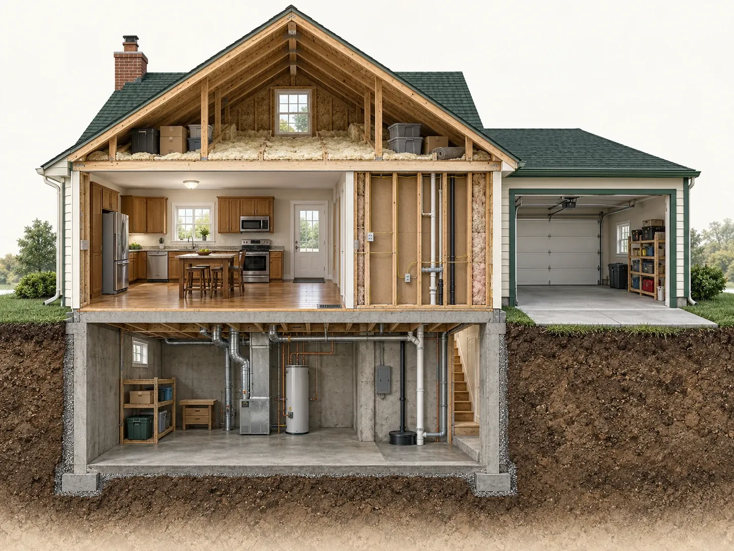 House cutaway showing connected attic, wall, basement, and garage spaces