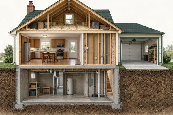 House cutaway showing connected attic, wall, basement, and garage spaces