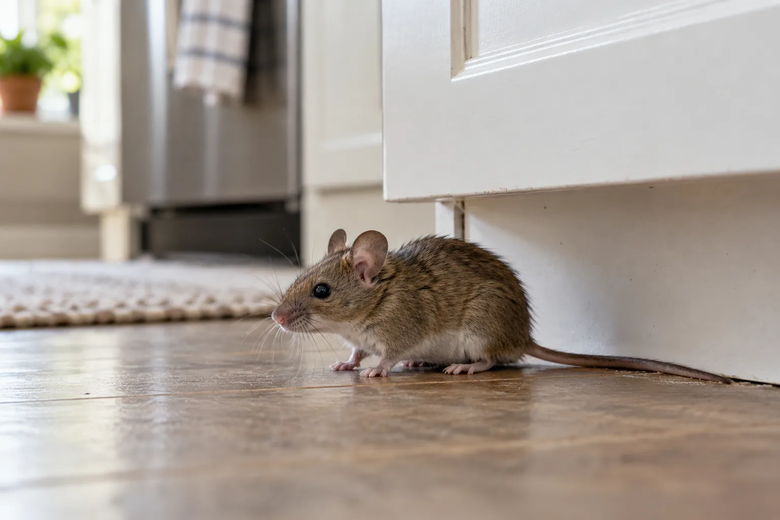 A mouse beside a kitchen cabinet