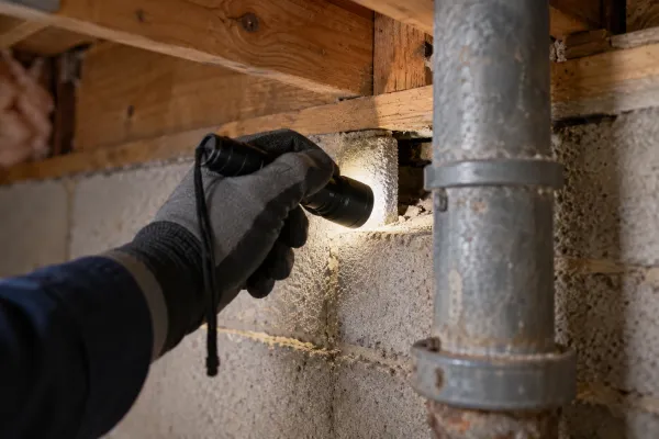 Gloved hand using a flashlight to inspect a basement foundation opening
