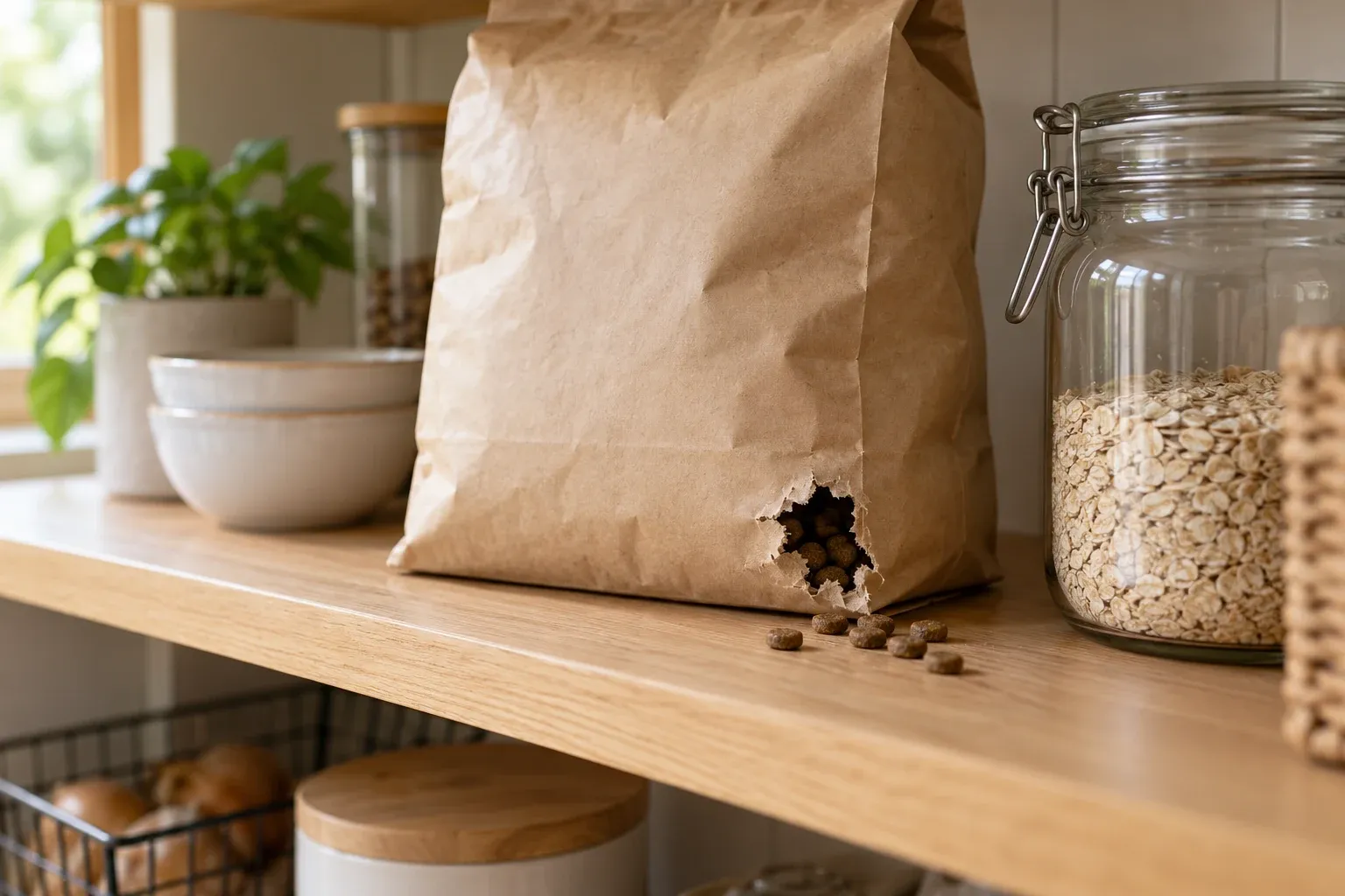 Chewed paper food bag beside storage jars on a pantry shelf