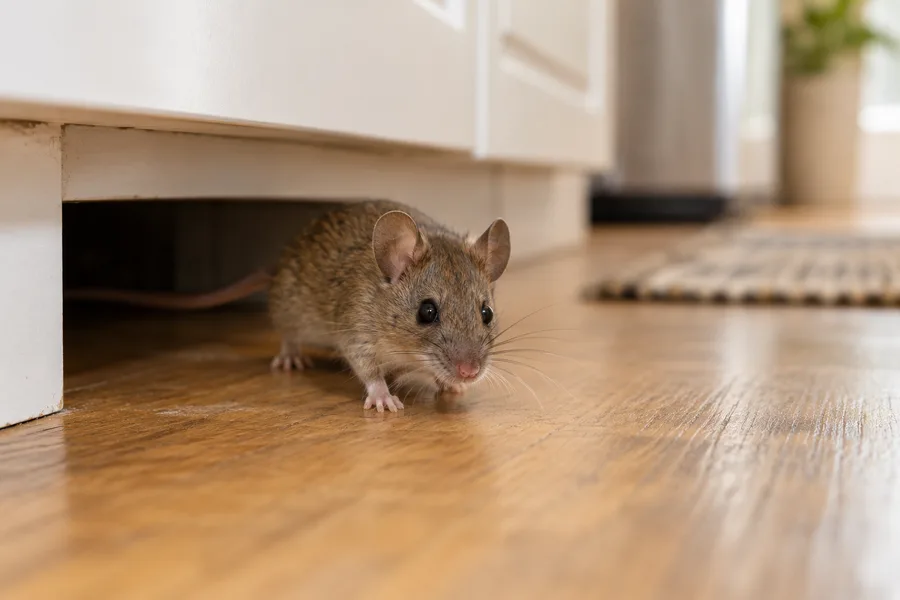 House mouse emerging from beneath kitchen cabinets