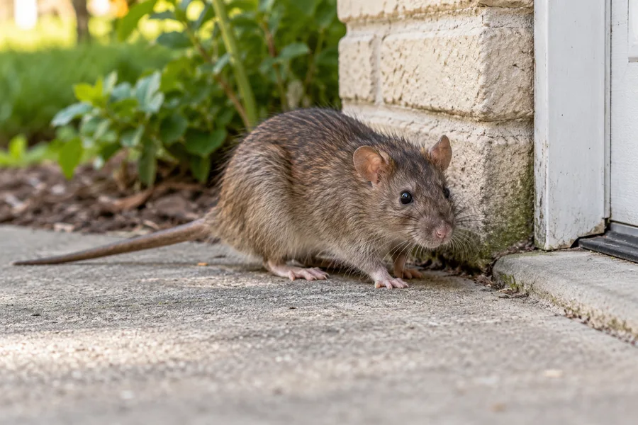 Norway rat beside a garage threshold and brick foundation