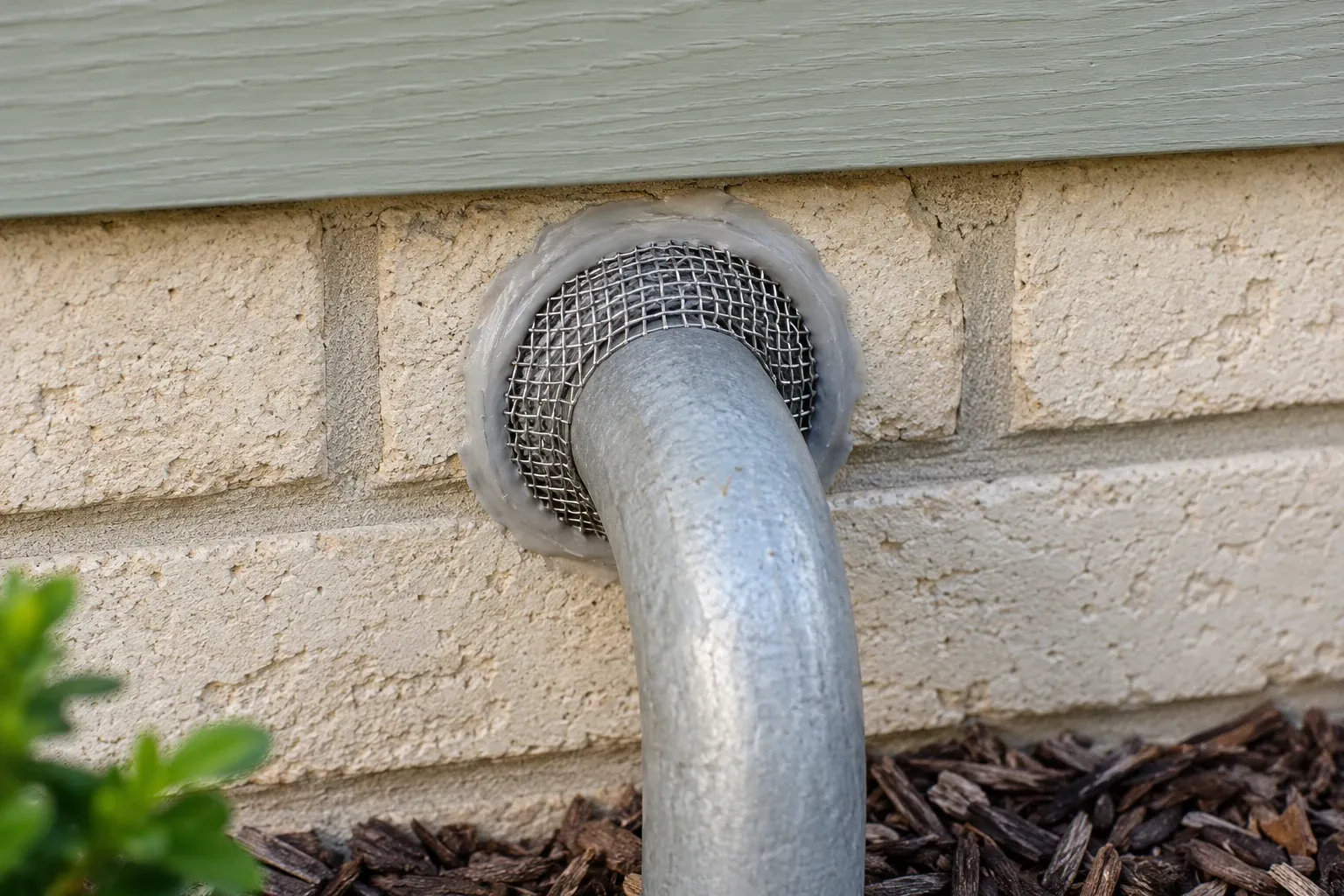 Rodent-exclusion mesh fitted around a utility pipe at a brick wall